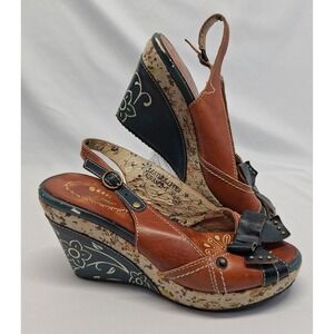 Spring Step Advance-T Leather Wedge Sandals Tan Navy Floral Boho Women's Size 38